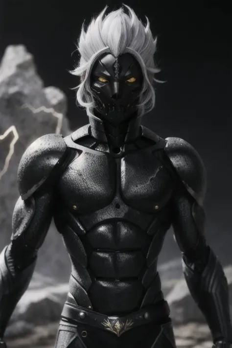 black humanoid made of rock, upper body, barechested, male, ((masterpiece, best quality)), <lora:more_details:0.3>, cracked skin...