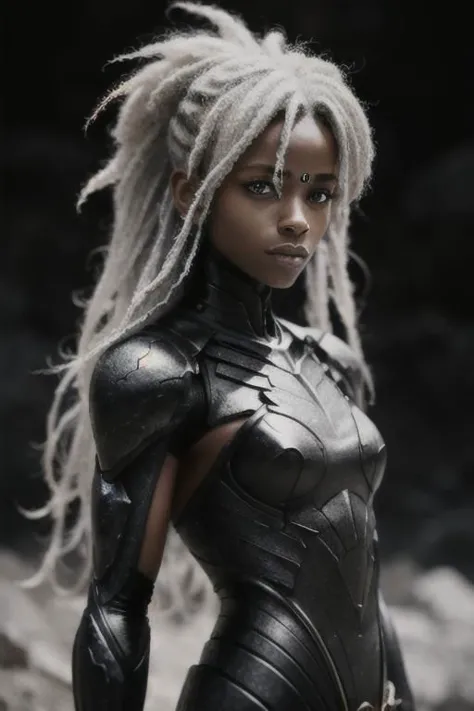 black humanoid made of rock, upper body, barechested, female, ((masterpiece, best quality)), <lora:more_details:0.3>, cracked sk...