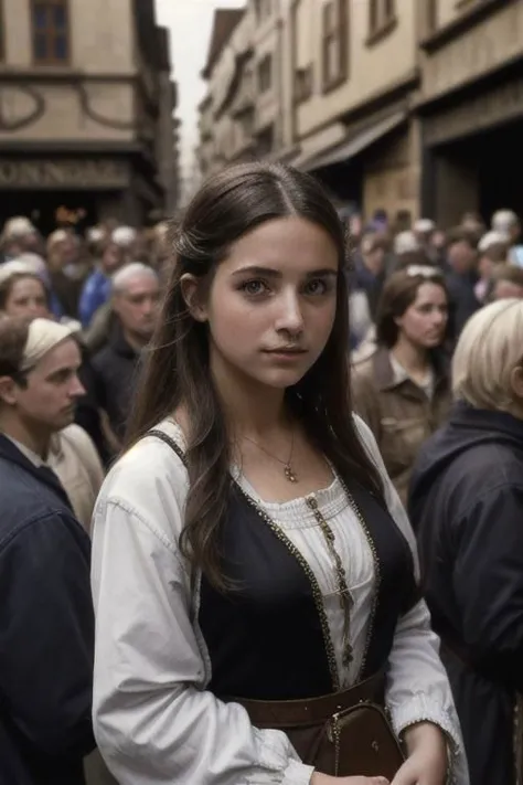 1girl, street, looking at viewer, (crowd:1.5), medieval