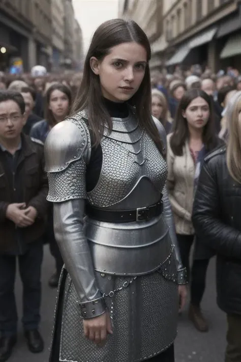 1girl, street, looking at viewer, (crowd:1.5), chainmail