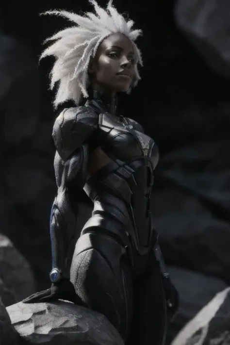 black humanoid femade of rock, upper body, barechested, male, ((masterpiece, best quality)), cracked skin, white electricity coming through cracks, muscular female, (dragonborn:0.6), white hair outdoors, detailed background, depth of field