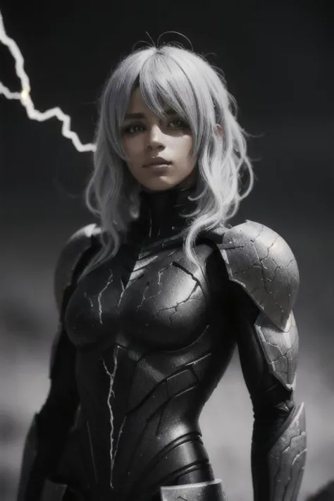 black humanoid made of rock, upper body, barechested, female, ((masterpiece, best quality)), <lora:more_details:0.3>, cracked skin, white electricity coming through cracks, muscular female, (dragonborn:0.6), white hair outdoors, detailed background <lora:dragonborn_offset:0.6> <lora:r1ge - AnimeRage:1> <lora:Cracked Skin:1.2> , depth of field