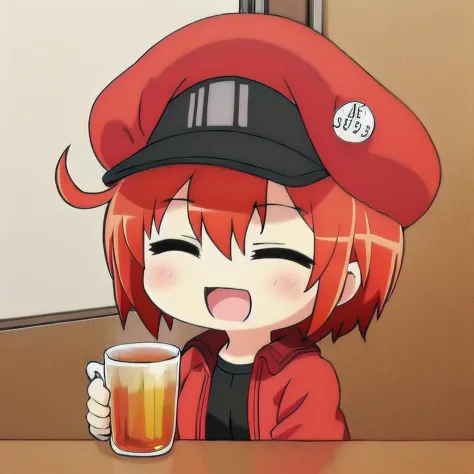 anime girl with red hair and a black hat holding a glass of beer