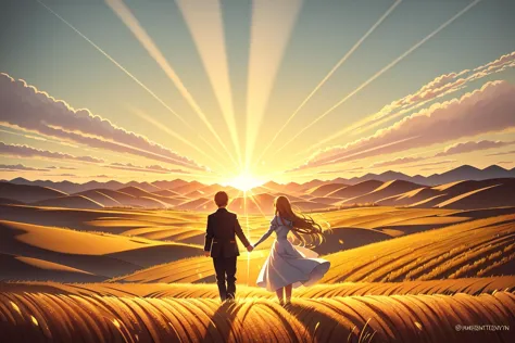 An illustration of two people holding hands, walking through a field of wheat towards a bright horizon. They are surrounded by g...