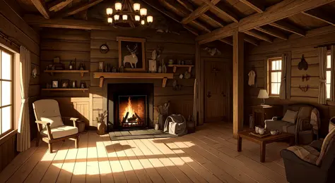 cabin interior, complete with wooden walls adorned with various hunting trophies, antlers, and animal hides. A large stone firep...