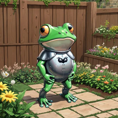 a frog wearing steel medieval armor, cartoon, standing, garden, cute,