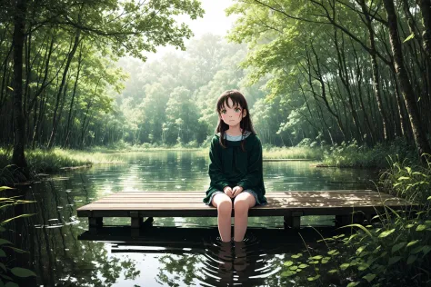 An intimate portrait of a young girl, no older than ten years old, sitting alone on a wooden dock jutting out onto a tranquil la...
