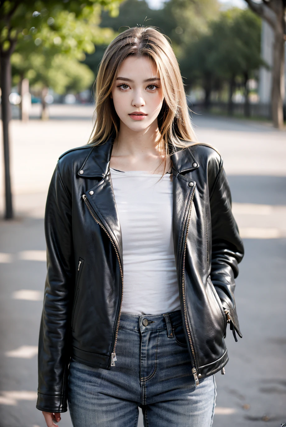 Araffe woman in a black leather jacket and jeans standing on a sidewalk ...