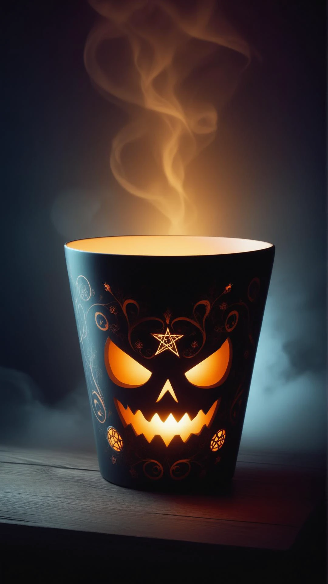 HalloweenGlowStyle decorative cup, horror \(theme\),  dark, atmospheric, night, glow, (Masterpiece:1.3) (best quality:1.2) (high quality:1.1)