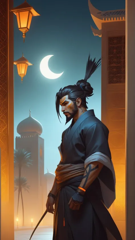 <lora:HalloweenGlowStyleXL:1>HalloweenGlowStyle hanzo from overwatch travels in marrakech streets, morocco, palm trees, mosque, ...