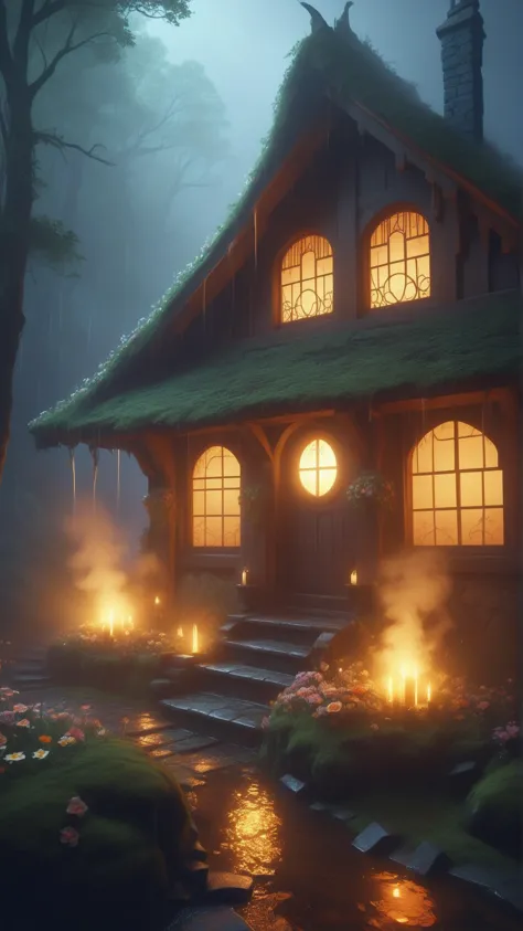 <lora:HalloweenGlowStyleXL:1>HalloweenGlowStyle a medieval hobbit home, ornate, beautiful, atmosphere, vibe, mist, smoke, chimne...