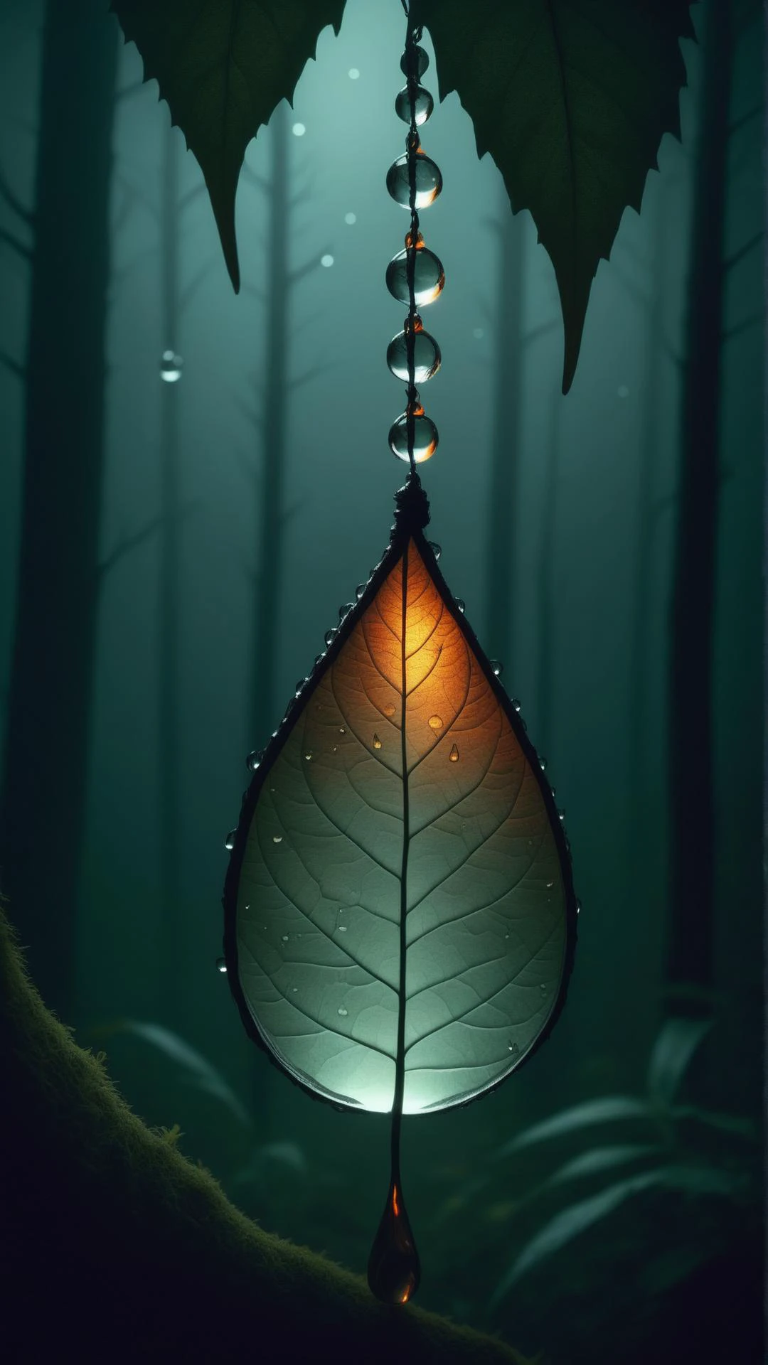 HalloweenGlowStyle a forest reflected in a dewdrop hanging on a leaf, horror \(theme\),  dark, atmospheric, night, glow, (Masterpiece:1.3) (best quality:1.2) (high quality:1.1)