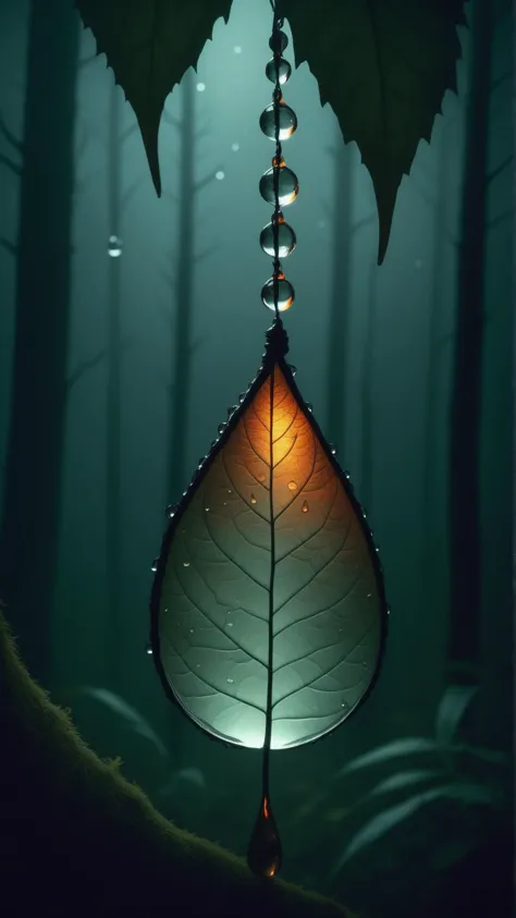 <lora:HalloweenGlowStyleXL:1>HalloweenGlowStyle a forest reflected in a dewdrop hanging on a leaf, horror \(theme\),  dark, atmo...