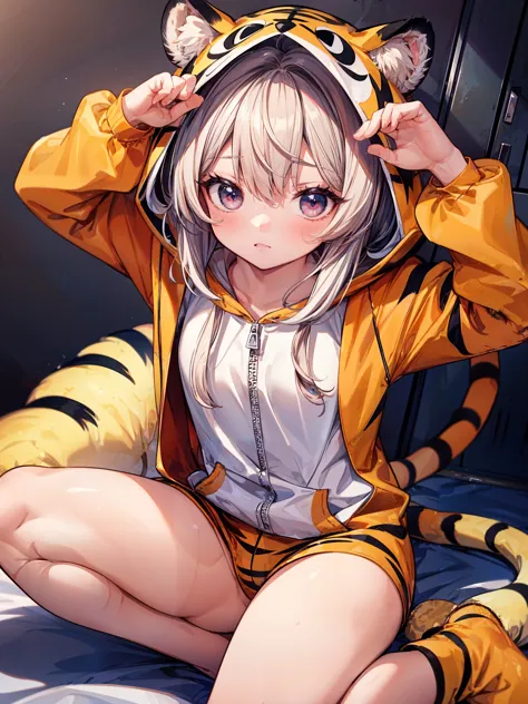 anime girl in tiger costume sitting on bed with headphones on