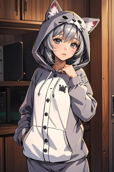 (masterpiece, best quality), 1girl, White Short Comb-Over with Skin Fade, <lora:Concept_Pajamas:0.8> PajamAnimal, animal ears, grey hair, cat ears, hood, hoodie, animal hood, animal costume, cat hood, cat costume, pajamas, cat tail, animal ears, grey hair, dog ears, hood, hoodie, animal hood, animal costume,