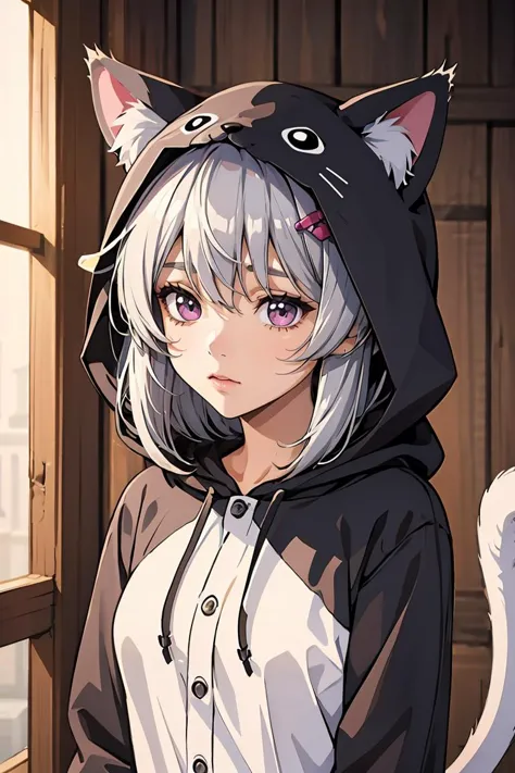 anime girl with cat ears and hoodie standing in front of window