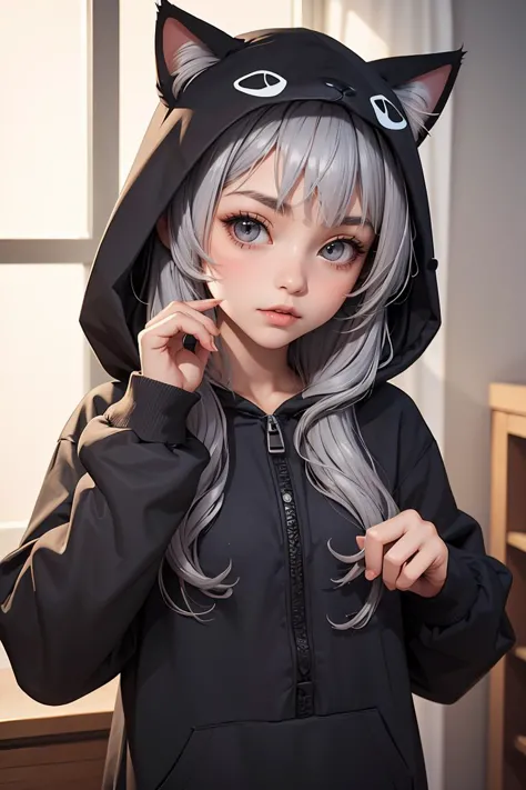 a woman with long gray hair wearing a black hoodie and a cat ears