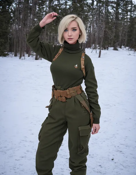 a woman in a green uniform poses for a picture in the snow