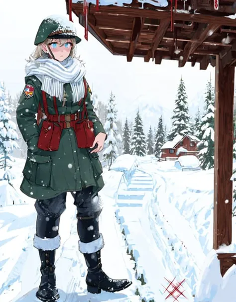 anime character in winter clothing standing in snow covered area