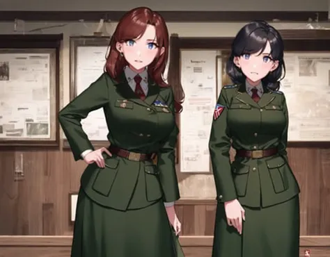 two women in uniforms standing next to each other in a room