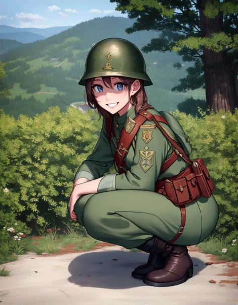 anime girl in uniform kneeling down with a rifle