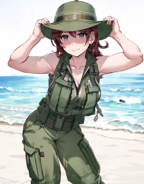 a woman in a green uniform standing on a beach