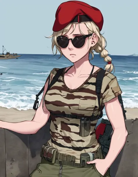 anime girl in military uniform standing on a beach with a red beret