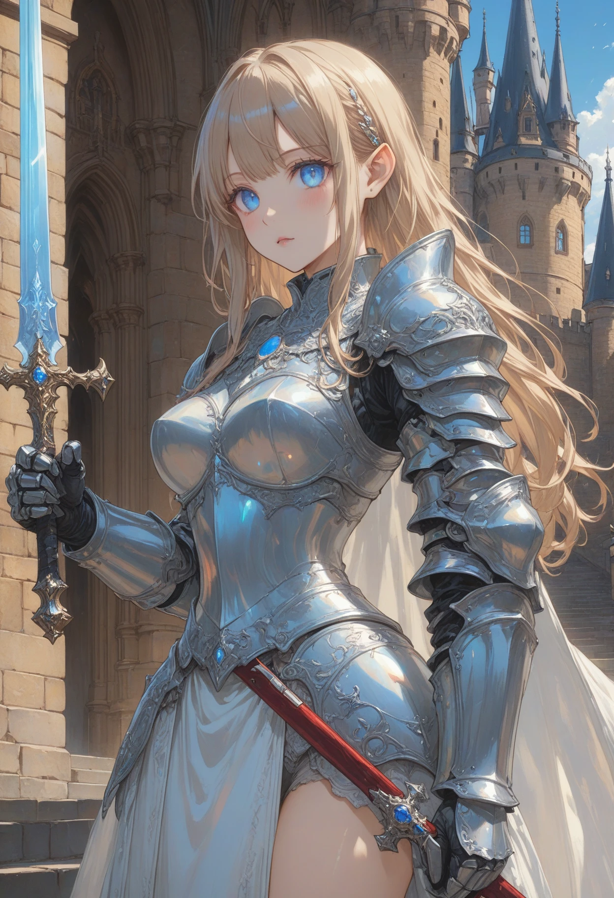 1girl, girl knight, blunt bangs, hime cut, pointy ears, [pearl:opal:0.5], very aesthetic, masterpiece, best quality, hyper detailed, ultra detailed, UHD, perfect anatomy, on the steps of Hohenzollern Castle,
sword, dazzling ,transparent, waving sword, burnished silver, steel armor, shine armor, dazzling armor,
detailed Illustration, official artwork, wallpaper, official art, extremely detailed eyes and face, beautiful detailed eyes, blue eyes,
HKStyle,
extremely detailed,
