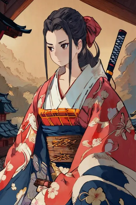 a close up of a woman in a kimono outfit holding a sword