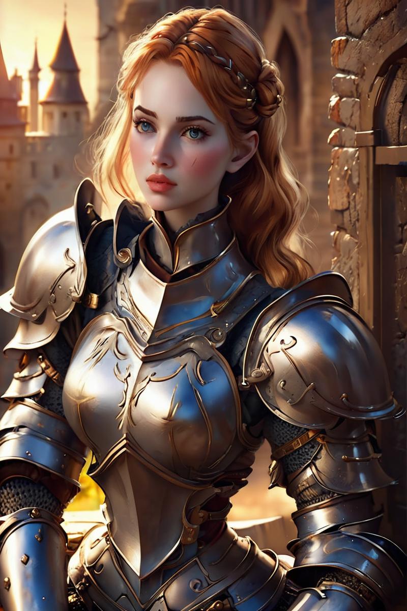 A close up of a woman in armor standing in front of a castle - SeaArt AI