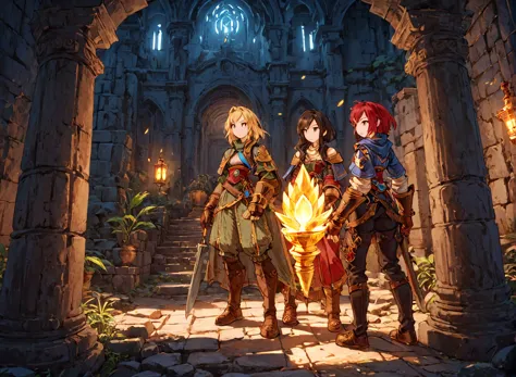 <lora:Final_Fantasy_Tactics_XLv2:1> adventurers exploring some temple ruins, (masterpiece), best quality, highres, 4k, 8k, intri...