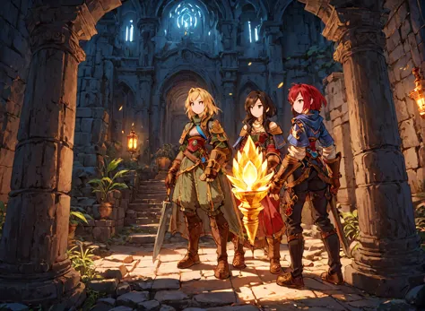 <lora:Final_Fantasy_Tactics_XLv2:1> adventurers exploring some temple ruins, (masterpiece), best quality, highres, 4k, 8k, intricate detail, cinematic lighting, amazing quality, amazing shading, soft lighting, Detailed Illustration, official artwork, anime style, wallpaper, official art