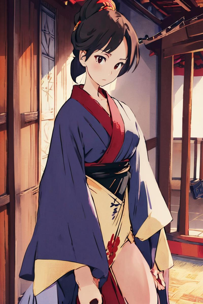 Anime girl in kimono outfit standing in a room with a fan - SeaArt AI