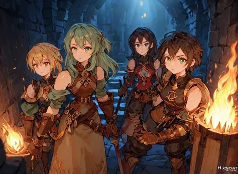 <lora:Final_Fantasy_Tactics_XLv2:1> a group of adventurers exploring a dungeon, (masterpiece), best quality, highres, 4k, 8k, intricate detail, cinematic lighting, amazing quality, amazing shading, soft lighting, Detailed Illustration, official artwork, anime style, wallpaper, official art, ultra detailed skin, ultra detailed face, perfect eyes, small skin imperfections