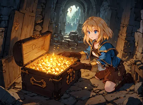 <lora:Final_Fantasy_Tactics_XLv2:1> adventurers opening an old treasure chest full of gold and jewels in some dark ruins, (maste...
