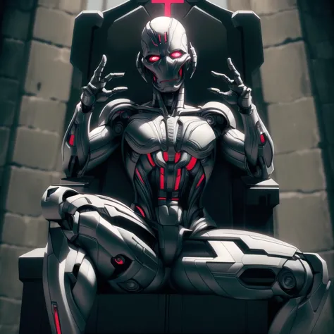 a close up of a robot sitting on a throne with a cross on it