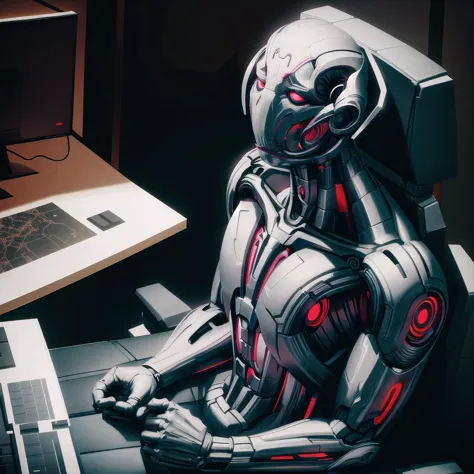 a close up of a robot sitting on a desk with a laptop