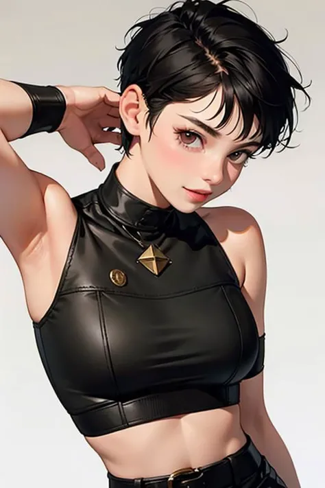 spiky bald hairstyle, short hair, mexican skin, gloves, crop top military, 1girl ,dark black hair, ((hair cut super short,)), so...