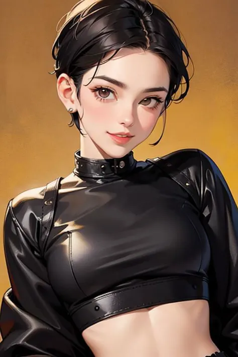 spiky bald hairstyle, short hair, mexican skin, gloves, crop top military, 1girl ,dark black hair, ((hair cut super short,)), soft Brown eyes, smile lips,