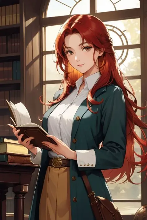 a woman with long red hair holding a book in front of a window