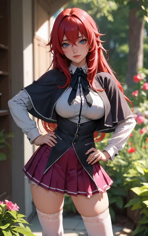 ((Meisterwerk, beste Qualität)), Wahnsinniger, absurdesten, Allein, Betrachter betrachten, 
Anime-Serie_dxd_rias_gremory_Abonnieren, 
1 Mädchen, bangs, lange Haare, Rote Haare, Brüste, large Brüste, Rias Gremory, blaue Augen, Haare zwischen den Augen, very lange Haare, Schlüsselbein, Haaraufnahmen,  hair over Brüste, 
schwarzes Cape, schwarzes Korsett, collared Hemd, kuoh academy Schuluniform, layered Rock, unter Fehlschlag, Schuluniform, Rock, Hemd, lange Ärmel, purple Rock, Schleife, miniRock, neck Schleife, Strümpfe, black Schleife, 
(kontrastiert, Hand auf der Hüfte)Tiefenschärfe, Fluchtpunkt, garden, Seitenlicht,