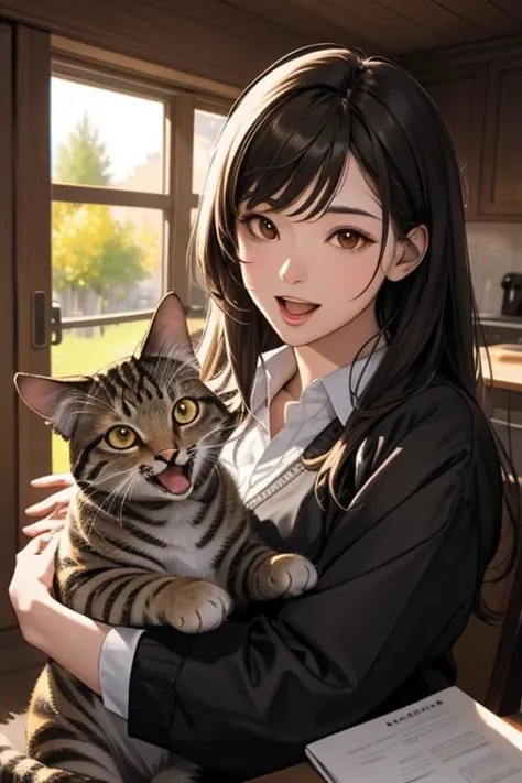 anime girl with cat in her arms