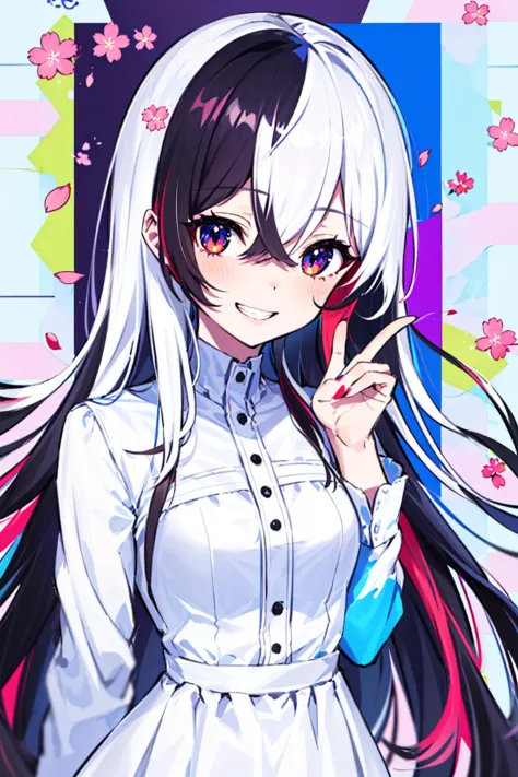 1girl, hand_gesture, white_hair, multicolored hair, long hair, very long hair, multicolored eyes, (multicolored_background:1.8),...