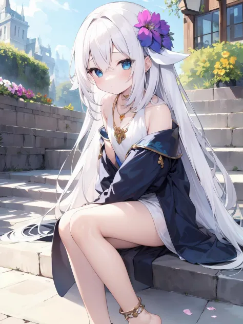 masterpiece, best quality, highres, original, (cosplay), (ultra detailed fantasy), 
1girl, petite, anklet, barefoot, 
flat_chest, ( shiny skin), (a flower in her hair, white hair,very long hair, big hair, hair spread out), jewelry, 
outdoors, street, steps, winter, warm sun, natural light, light tracing,