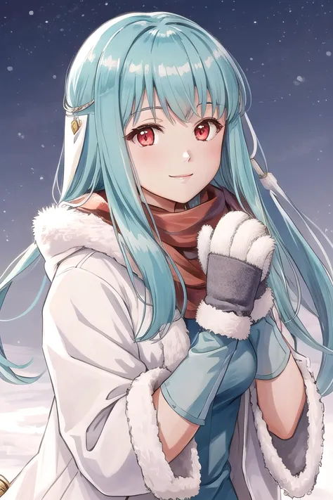 ninian fe, 1 chica, solo, invierno, invierno coat, ribete de piel, mitones, bufanda, sonrisa, ojos rojos, Parte superior del cuerpo