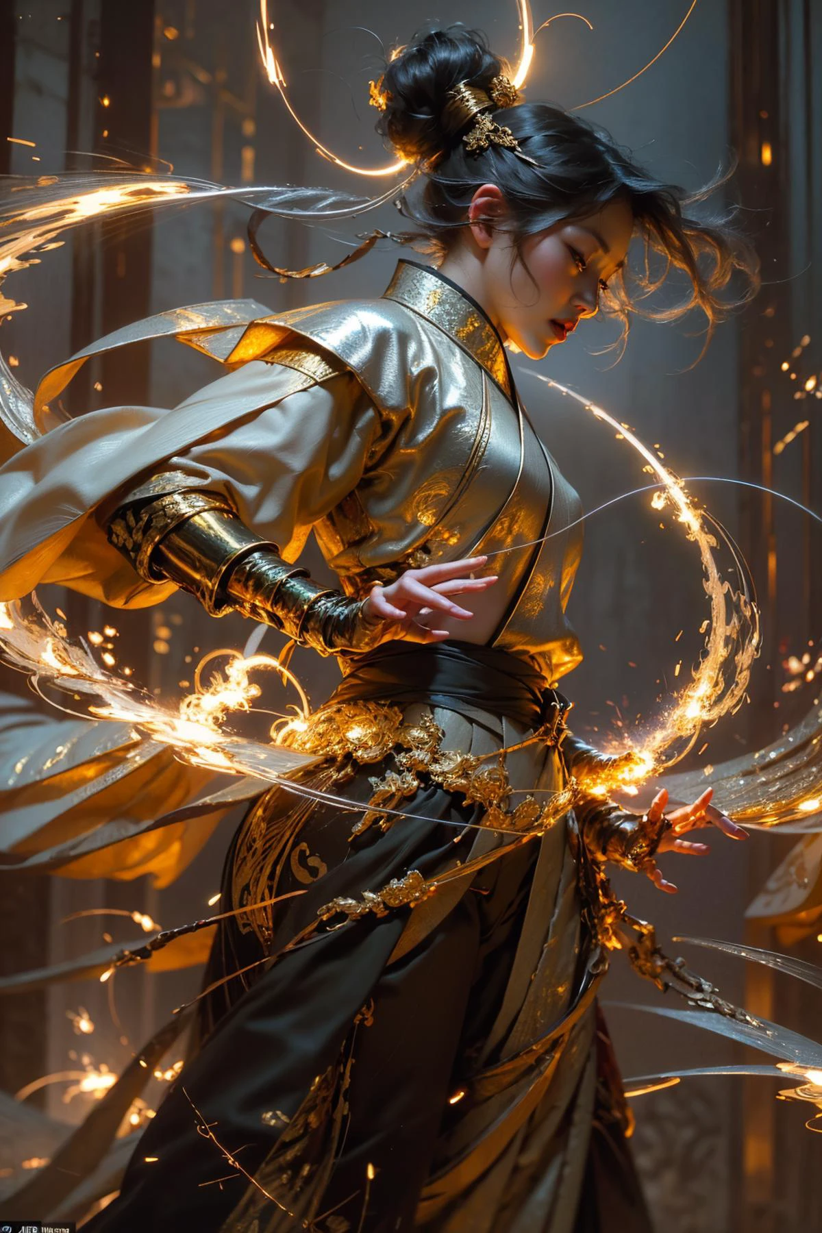 Best quality,masterpiece,ultra high res,solo,1girl, ,roujinzhi,Chinese Zen style,impactful picture,translucent and glowing metallic patterns,(glowing metal objects hovering in the air and surrounding him:1.2),(Electric arcs and sparks:1.2),(flow of energy:1.2),(translucent magnetic lines:1.2),(golden silver grey and shimmering light effects:1.2),