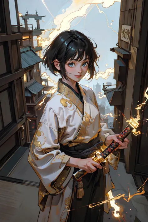 (masterpiece, best quality;1.3), extremely detailed ,ultra detailed,  1GIRL,solo,  looking at viewer, smile,
 black hair, bob cut, white skin,roujinzhi, Electric arcs and sparks, gold aura, blue lightning, katana, 
 <lora:roujinzhi:0.9> gold city, standing tower rooftop, from above,