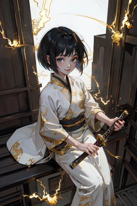 a woman in a kimono sitting on a chair holding a sword