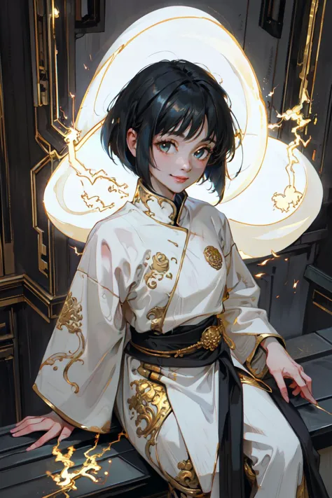 anime girl in a white and gold kimono sitting on a bench