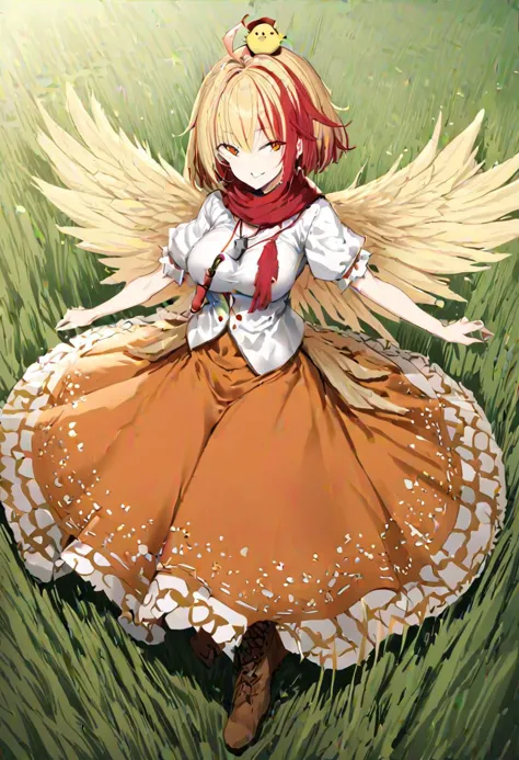 anime girl with long blonde hair and a red scarf in a field